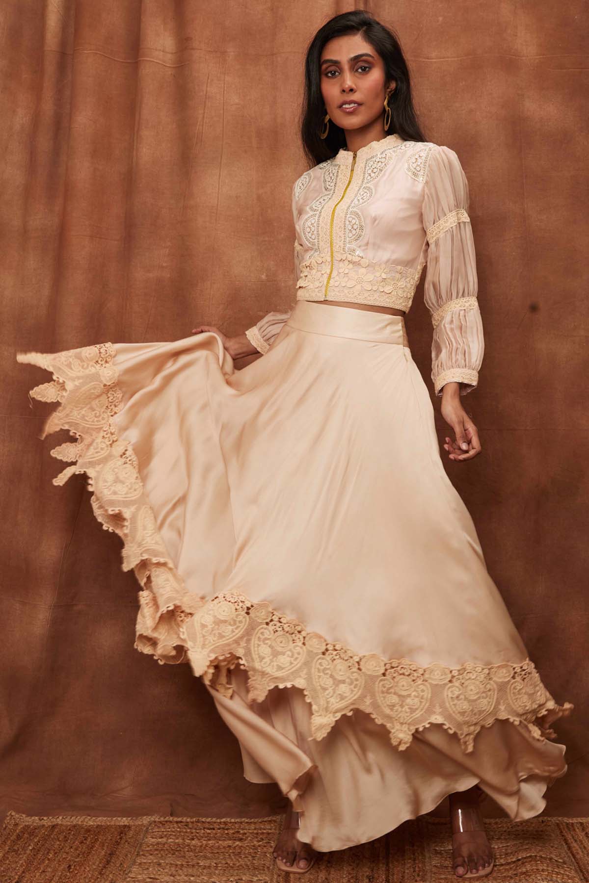 Buy Cream Silk Jacket & Laced Skirt for Women Online